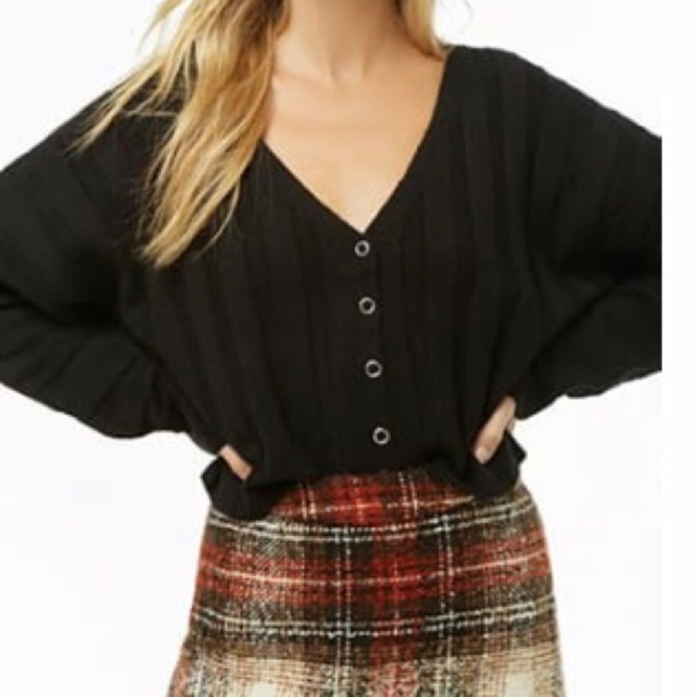 Ribbed Button-Up Cropped Sweater